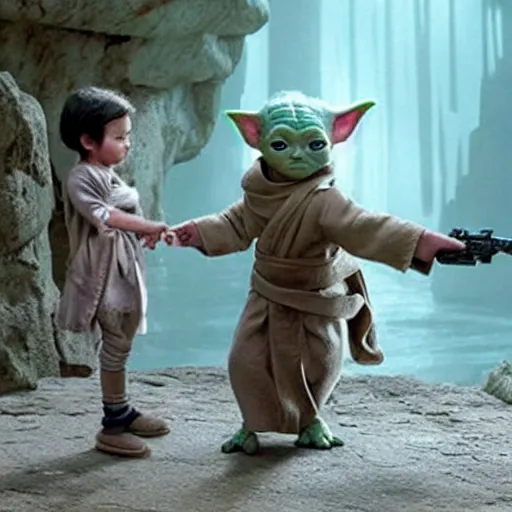 Image similar to a film still of baby yoda's son being trained by rey skywalker in star wars realistic, detailed