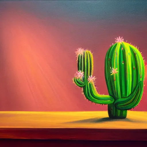 Prompt: a painting of a cactus playing a guitar on stage in the spotlight in a smoky night club