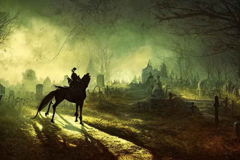 Image similar to the headless horseman riding at night night, spooky, wide angle, graveyard in distance, glossy design, soft texture, 8 k movie scene by marc simonetti