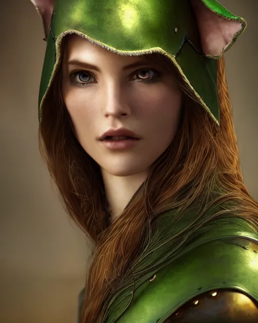 Image similar to a beautiful photo of a young woman, green elf ranger with long flowing hair and a green leather hood, elf ranger leather armor with olive green and brown colors and gold lining, young female face, cinematic top lighting, insanely detailed and intricate, face by wlop, Charlie Bowater, designs by zhelong xu and gustave doré, golden ratio, symmetric, elegant, ornate, luxury, elite, matte painting, cinematic, trending on artstation, deviantart and cgsociety, 8k, high resolution