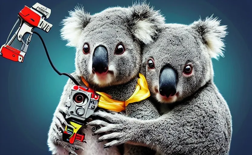 Image similar to “ cute koala with very big eyes, wearing a bandana and chain, holding a laser gun, standing on a desk, digital art, award winning, in the style of the movie madagascar ”