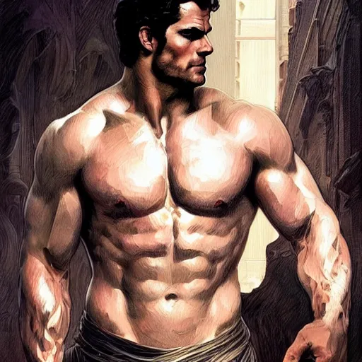 Image similar to Henry Cavill is a Greek god, gorgeous, amazing, muscular, intricate, elegant highly detailed, digital painting, artstation, concept art, sharp focus, illustration, art by artgerm, greg rutkowski, alphonse mucha