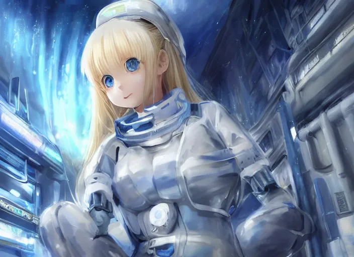 Prompt: blue eyed blonde anime girl in futuristic space suit, dynamic composition, motion, ultra-detailed, incredibly detailed, a lot of details, amazing fine details and brush strokes, colorful and grayish palette, smooth, HD semirealistic anime CG concept art digital painting, watercolor oil painting of Clean and detailed post-cyberpunk sci-fi close-up schoolgirl in asian city in style of cytus and deemo, blue flame, relaxing, calm and mysterious vibes,, by a Chinese artist at ArtStation, by Huang Guangjian, Fenghua Zhong, Ruan Jia, Xin Jin and Wei Chang. Realistic artwork of a Chinese videogame, gradients, gentle an harmonic grayish colors. set in half-life 2, Matrix, GITS, Blade Runner, Neotokyo Source, Syndicate(2012), dynamic composition, beautiful with eerie vibes, very inspirational, very stylish, with gradients, surrealistic, dystopia, postapocalyptic vibes, depth of field, mist, rich cinematic atmosphere, perfect digital art, mystical journey in strange world