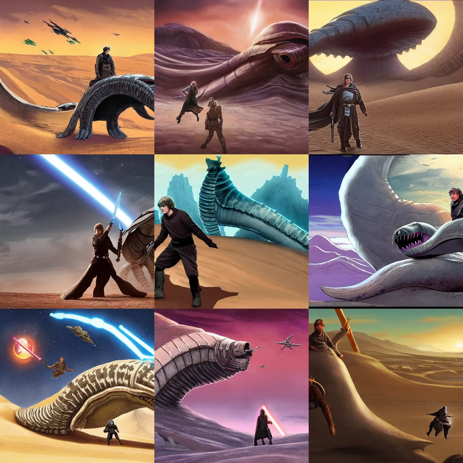 Prompt: luke skywalker riding a giant sandworm shai hulud with the great city of arrakeen in the background