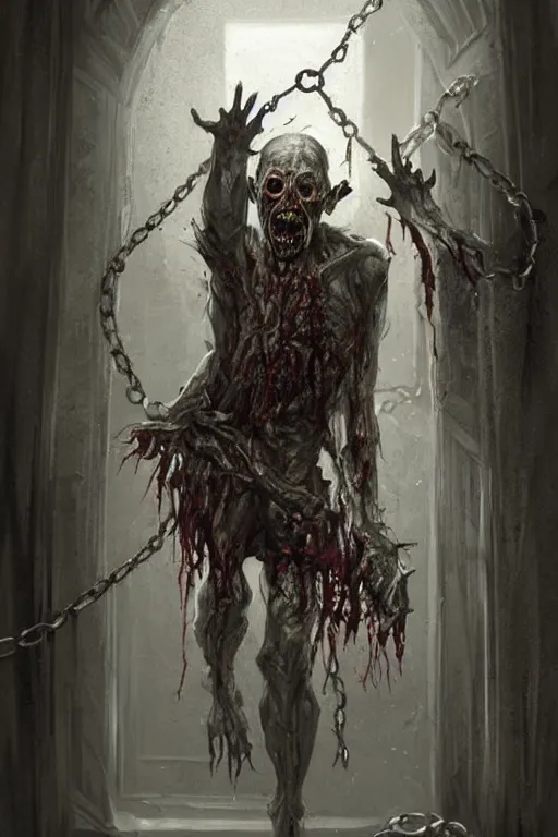 Image similar to a painting of a zombie coming out of a doorway, concept art by dave melvin, photorealistic, hooks on chains, featured on deviantart, fantasy art, concept art, grotesque, creepypasta, black magic, demonic