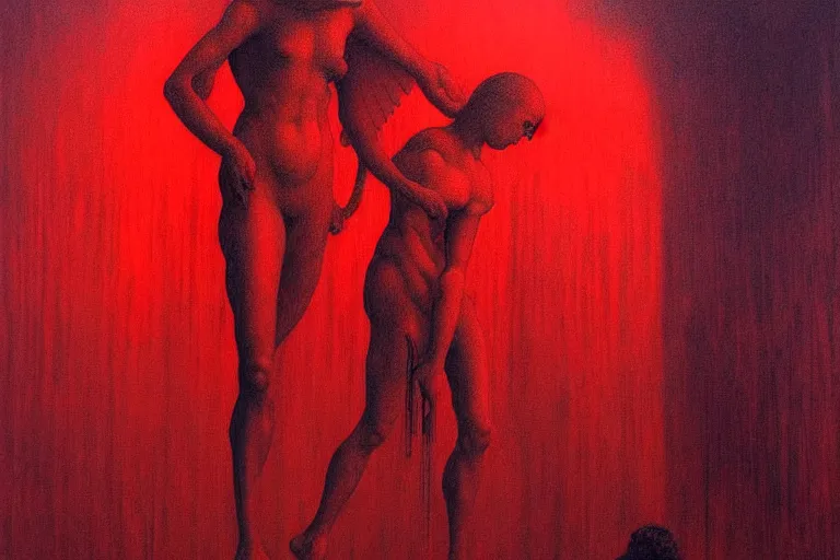 Image similar to only with red, a red angel announce the win, at the gates of a rich renaissance city, pathos, in the style of beksinski, part by hopper, part by rodcenko, part by hofbauer, intricate composition, red by caravaggio, insanely quality, highly detailed, masterpiece, red light, artstation