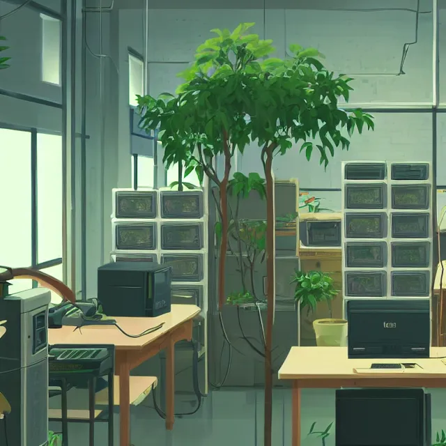 Prompt: an interior room with old pc computers stacked on the walls with potted plants, makoto shinkai