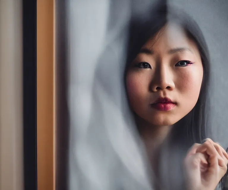 Image similar to award winning photography of an asian woman next to a window, detailed photography, beautiful lighting, 8 k, f / 2. 8, shutter speed of 2 seconds, 1 3 5 mm, extremely high quality, foggy