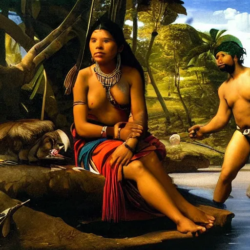 Image similar to beautiful oil matte painting, amazon indigenous tribe leader finding a plastic bottle at the shore, wonderful masterpiece highly detailed, beautiful cinematic light deep focus, elegant, digital painting, smooth, sharp focus, golden ratio, dramatic illumination, ultra realistic, 8 k, art by artemisia lomi gentileschi and caravaggio