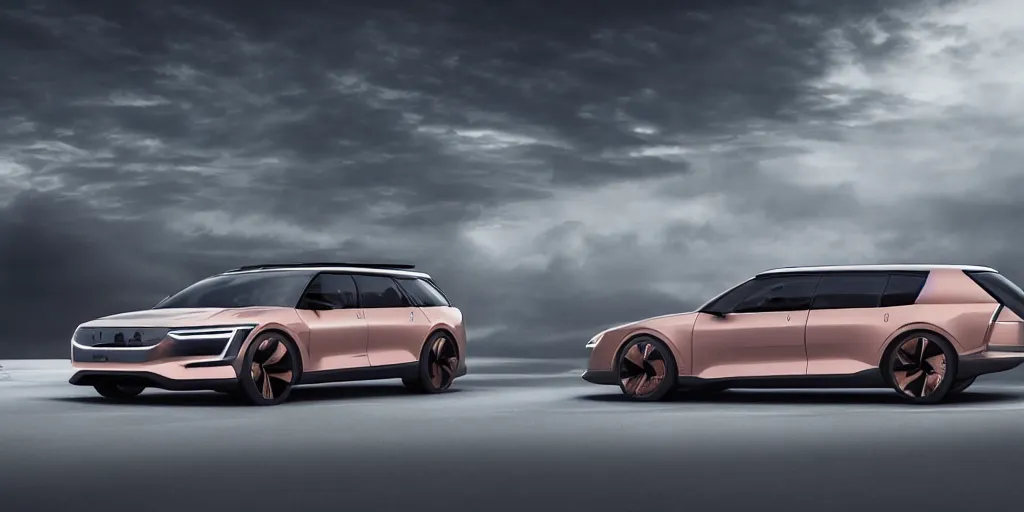 Prompt: a design of a futuristic stationwagon, designed by Polestar and DMC, northern lights background, brushed rose gold car paint, black windows, dark show room, dramatic lighting, hyper realistic render, depth of field