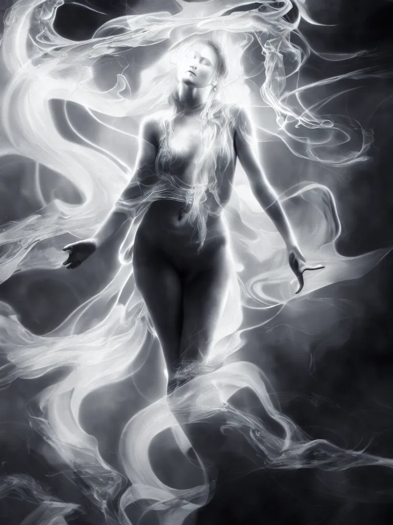 Image similar to white noir priestess, flowing swirls of smoke, hyperreal octane render volumetric cinematic