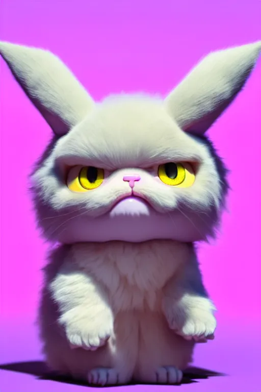 Image similar to high quality 3 d render hyperrealist very cute pastel fluffy! grumpy gargoyle cat hybrid eating giant ice cream full body, vray smooth, in the style of detective pikachu, hannah yata charlie immer, dramatic pink light, low angle, uhd 8 k, sharp focus