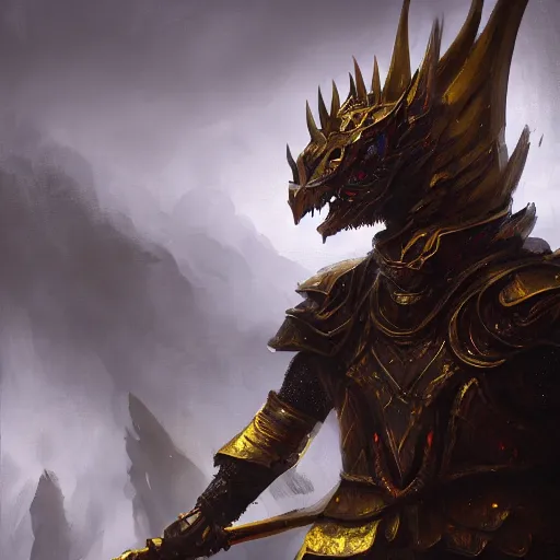 Image similar to anthropomorphic dragon warrior stands tall wearing black and gold plate armor, oil painting, Tooth Wu, Greg Rutkowski, RPG, dynamic lighting, fantasy art, High contrast, depth of field, landscape, scenery