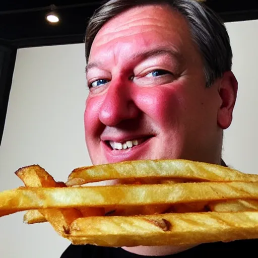 Prompt: photo of [ a single french fry chip ] shaped into stephen fry as a hybrid intercross mix