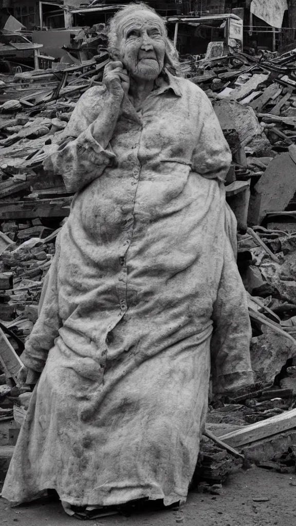 Image similar to realistic black and white old photo of a giant very old woman on destroyed city, short dof, extremely cute, large head, hyper realistic, minutely detailed