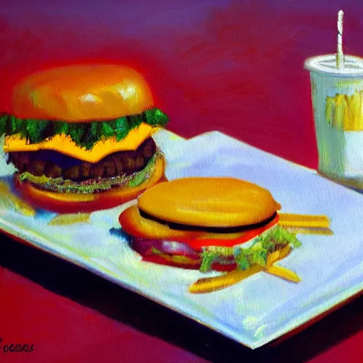 Image similar to impressionist painting of cheeseburger menu with fries and coke