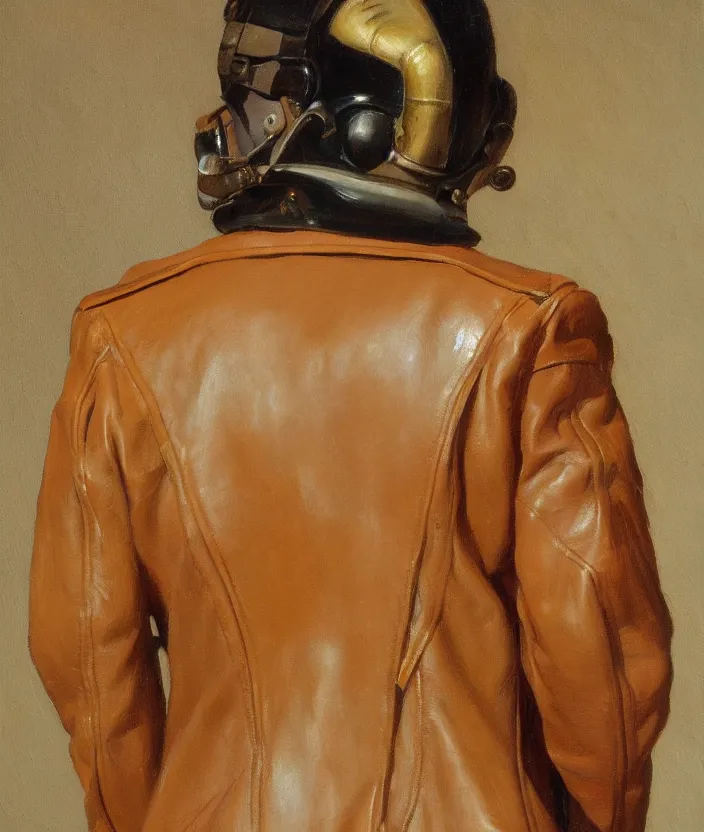 Image similar to a very detailed painting of an 8 0 s jacket with big shoulder pads, very aesthetic leather jacket, detailed closeup of leather jacket, front view, in the style of edward hopper and oswald hornby joseph birley and susan ryder, very small brushstrokes, 4 k,