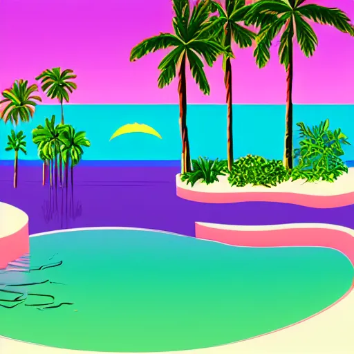 Image similar to illustration of an oasis in a desert, stylized. Hot yellow sand with cyan water with white lines of refraction. Palm trees surround the oasis. Pink blocks are rising out of the water in a row leading from near to far, with vines hanging off them