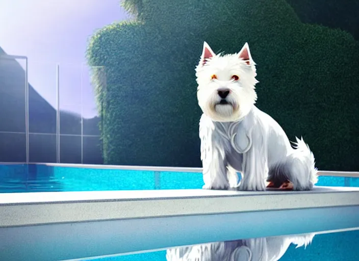 Image similar to west highland white terrier sitting by a pool, bright, reflections, intricate, sharp focus, lens flare, bloom, illustration, highly detailed, digital painting, concept art, matte, art by ruan jia and wlop and greg rutkowski, masterpiece