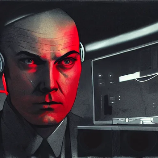 Prompt: agent 4 7 from hitman wearing headphones and listening to music in front of large stereo speakers surrounded by cables, black background, red rim light, highly detailed, smooth, sharp focus, art by cedric peyravernay