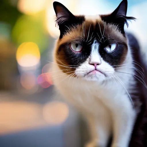 Image similar to a grumpy cat, professional photography, anamorphic lens, bokeh, close up