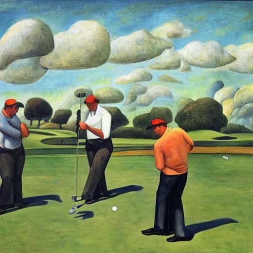 Image similar to Three golfers on a beautiful golf course driving range, by Diego Rivera