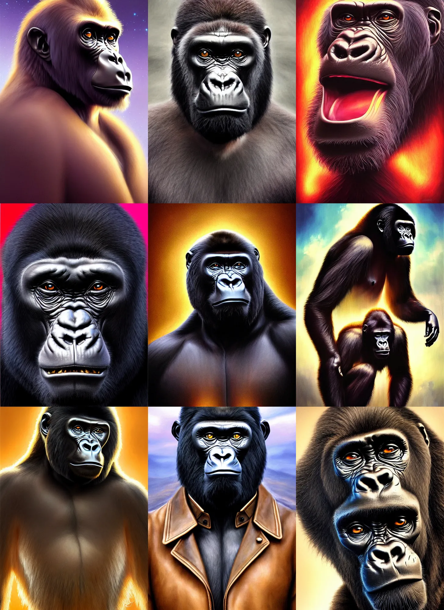 Prompt: dreamlike stunning gorillas god portrait, leather jacket, art by artgerm, wlop, loish, ilya kuvshinov, 8 k realistic, hyperdetailed, beautiful lighting, detailed background, depth of field, symmetrical face
