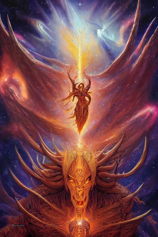 Prompt: beautiful oil painting with high detail of a interstellar demon made of stars and plasma, hybrid from dungeons and dragons and art direction by James Cameron ;by artgerm; wayne reynolds art station; Drew Struzan movie poster. cinematic quality character render; low angle; ultra high quality model; production quality cinema model;