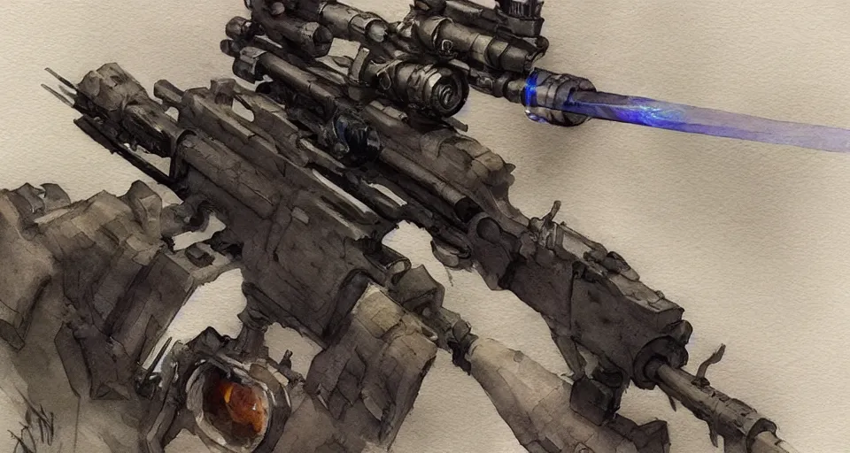 Image similar to concept art of a sniper rifle in futuristic, fantasy, steampunk, pinterest, artstation trending, behance, watercolor, by coby whitmore, silver, laser light,