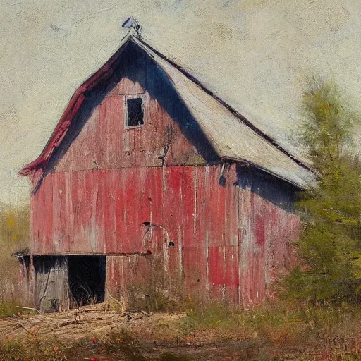 Image similar to Richard Schmid and Jeremy Lipking full length portrait painting of an old and worn red barn