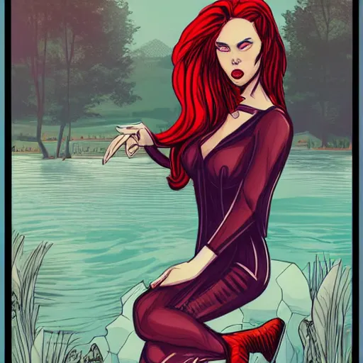 Image similar to a beautiful comic book illustration of a vampire woman with long red hair sitting near a lake at night by chip zdarsky, featured on artstation