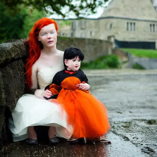 Prompt: Little red-head boy looking like a medieval knight with short black hair in a pale orange-green wedding dress sitting in a rainy street with a little man walking in the foreground with a tall black-haired