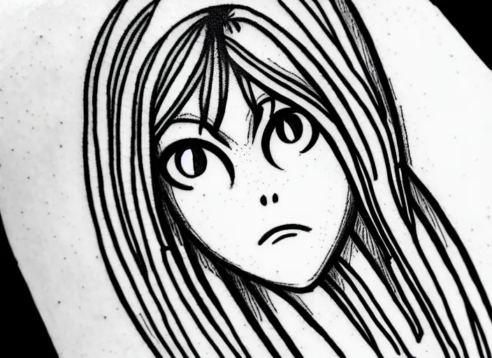 Image similar to simple tattoo design of an anxious woman drawn by junji ito, simplistic junji ito lineart black and white