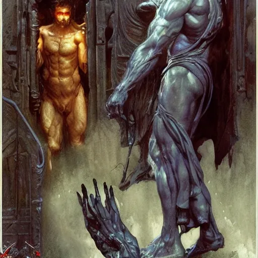 Image similar to Roguish Picaro Dsurion stands at the gates of Hades Hand Crafted By Rodin. Painting by greg rutkowski Donato Giancola Jeff Simpson norman rockwell stamp watercolor