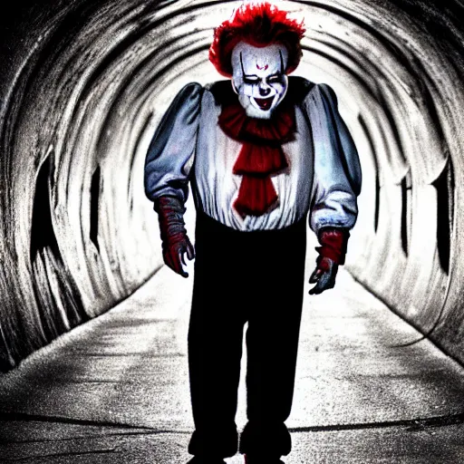 Image similar to stephen king as pennywise the clown, professional photography, in sewer tunnel, buck teeth, meek smile