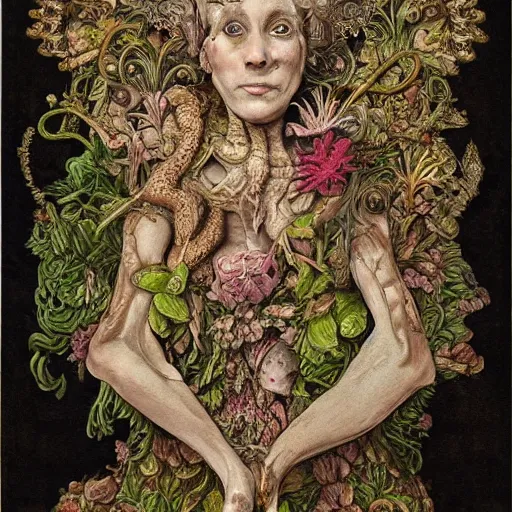 Image similar to a beautiful detailed front view baroque portrait of a rotten woman corpse with fractal plants and fractal flowers and mushrooms growing around, intricate, symmetrical, ornate, ornamentation, bones, art nouveau style