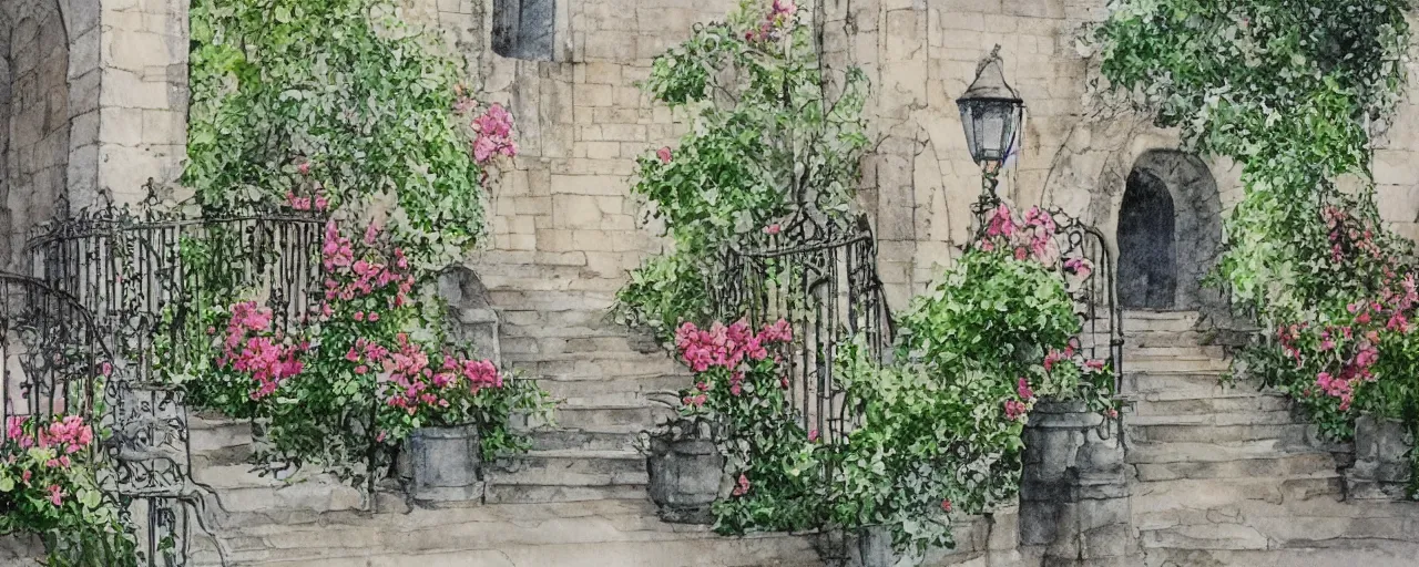 Prompt: flower, courtyard walkway, fountain, castle, stairway, chairs, wrought iron, gate, tree, delicate, botanic garden, road, botanical herbarium paper, watercolor colored painting, iridescent colors, 8 k, realistic shaded, fine details, artstation, italian style, colonnade