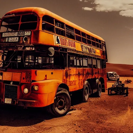 Prompt: photo of a red bus in desert, mad max fury road style