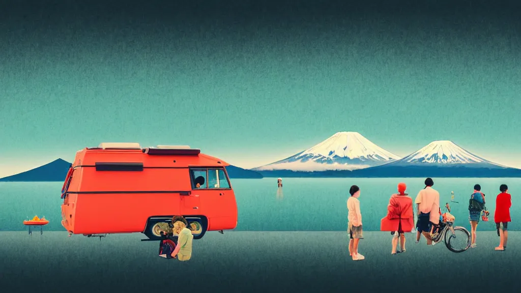 Image similar to a scene of camper travellers touring at yamanaka lake overlooking mount fuji, japan, a collage painting, in the style of wes anderson, lola dupre, david hockney, isolated on negative white space background dark monochrome neon spraypaint accents volumetric octane render