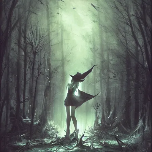 Prompt: witch performing a summoning ritual in a dark forest painted by Raymond Swanland