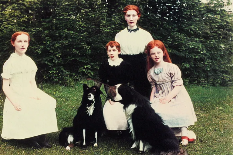 Image similar to autochrome photograph, family photo, anne of the green gables with her elder step parents, and a border collie sitted aside.