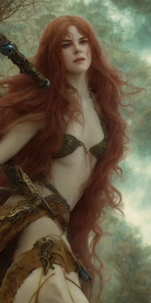 Prompt: lolita nicole kidman, beautiful fantasy maiden, dungeons and dragons, masterpiece by edgar maxence and ross tran and michael whelan, gustav dore, 8 k, octane render