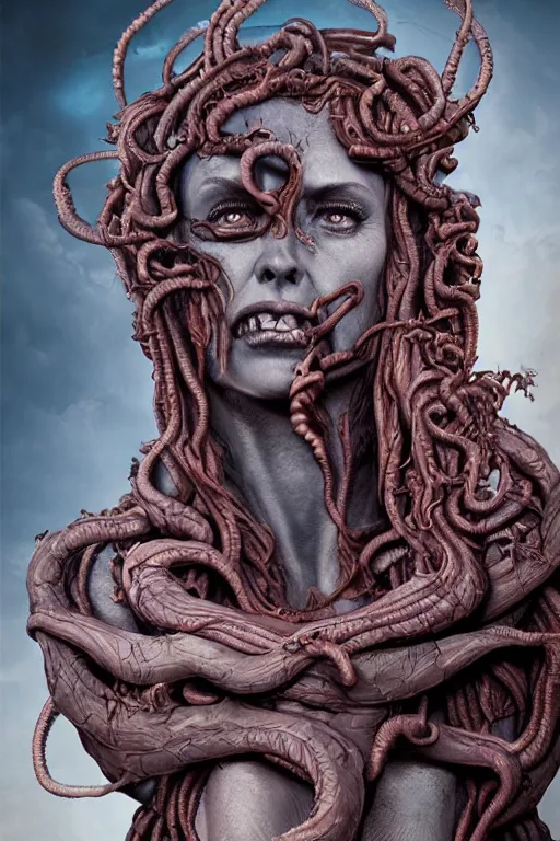 Image similar to medusa fused with a demon of dante´s inferno, photo, portrait, 3d, grotesque, terrifying, high details, intricate details, by vincent di fate, artgerm julie bell beeple, 90s, Smooth gradients, octane render, 8k, High contrast, duo tone, depth of field, very coherent symmetrical artwork