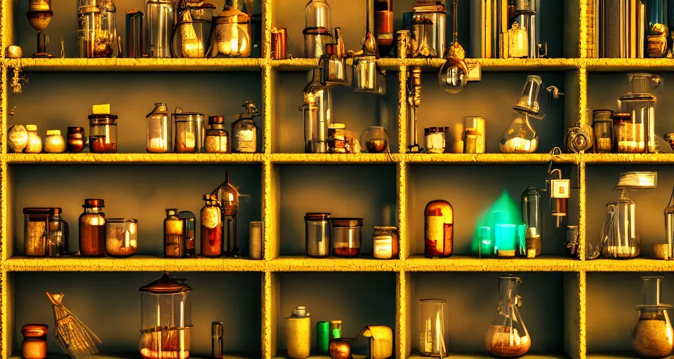 Prompt: a shelf of wonderful magical experiments, cinematic lighting, detailed, beautiful colors, ornate 4 k