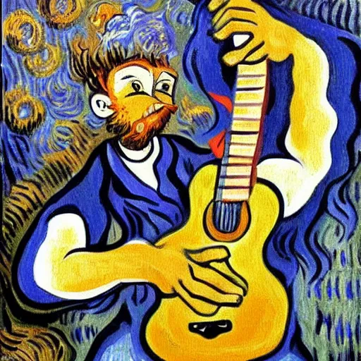 Image similar to oil painting of a sonic plays guitar by vincent van gogh