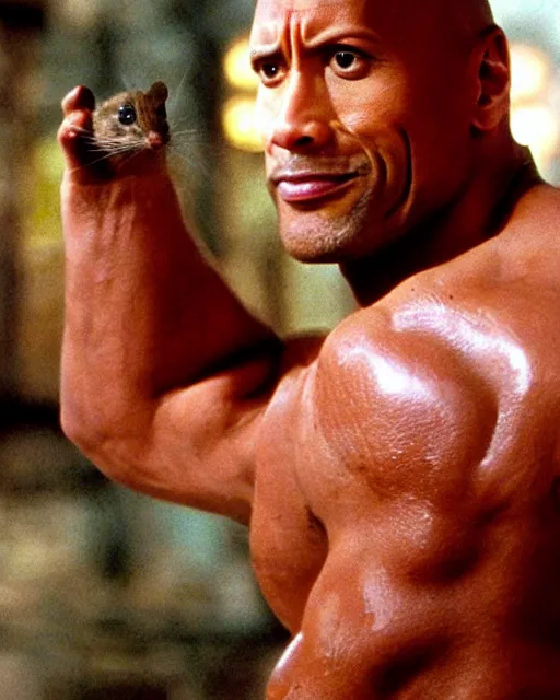 Image similar to film still close - up shot of dwayne johnson as stanley ipkiss petting a mouse in the movie the mask. photographic, photography