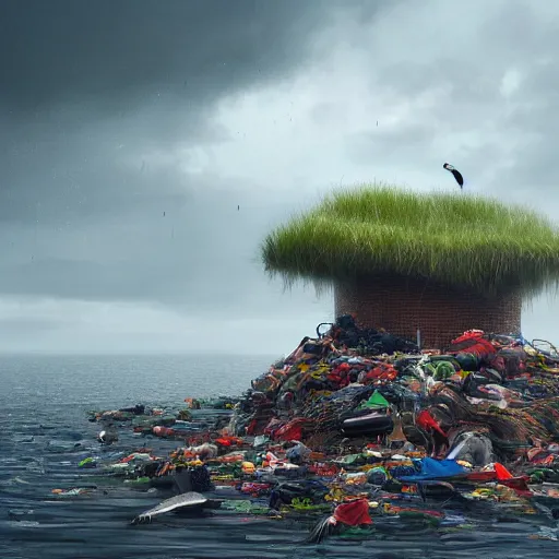 Prompt: on water, enormous huge piles of tyres and garbage floating as islands, seagulls flying in the forecasted sky, dramatic light, rainy weather, wet, detailed, wide shot, 8K mate painting, concept