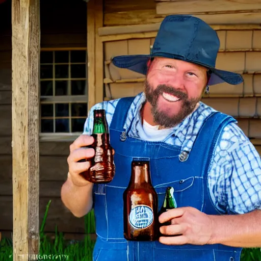 Image similar to a hillbilly drinking a bottle of beer infront of his shack home, blue overalls, redneck, photograph, 1 9 1 7, colorized, high quality, high resolution