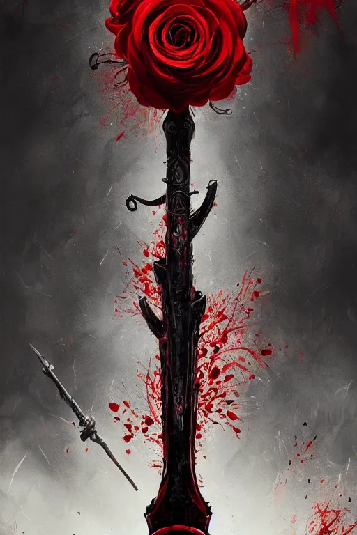 Image similar to poster style, a beautiful and terrifying painting with high details of a panoramic view of a reaper holding a long sickle, with red fluid white roses in the foreground, movie atmosphere, movie lights, 8 k, light effect, rtx on, trending on artstation, by kilian eng, lee madgwick, bastien lecouffe - deharme