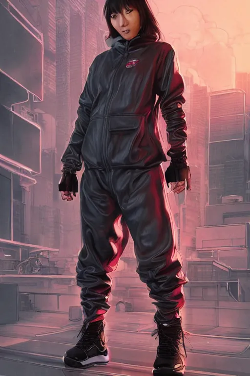 Prompt: a full body illustration of an Asian female cyberpunk character wearing baggy techwear jacket, leather pants and tennis shoes, highly detailed, soft lighting, by Glenn Fabry, HD, 4K